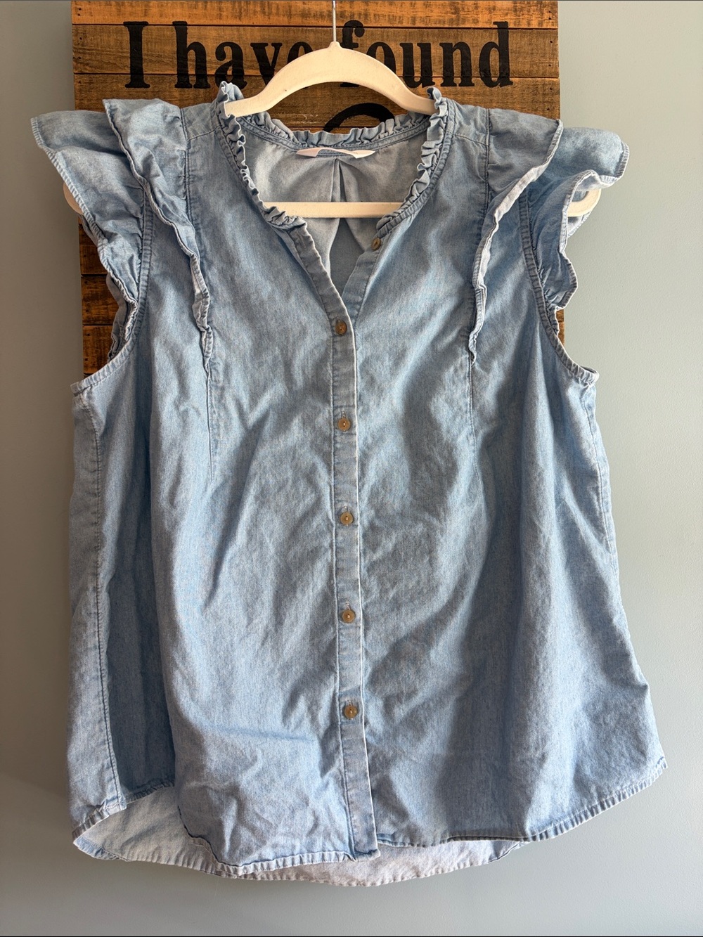 LC Lauren Conrad Light Blue Ruffle-Sleeve Denim Button-Up Blouse Top 100% Cotton